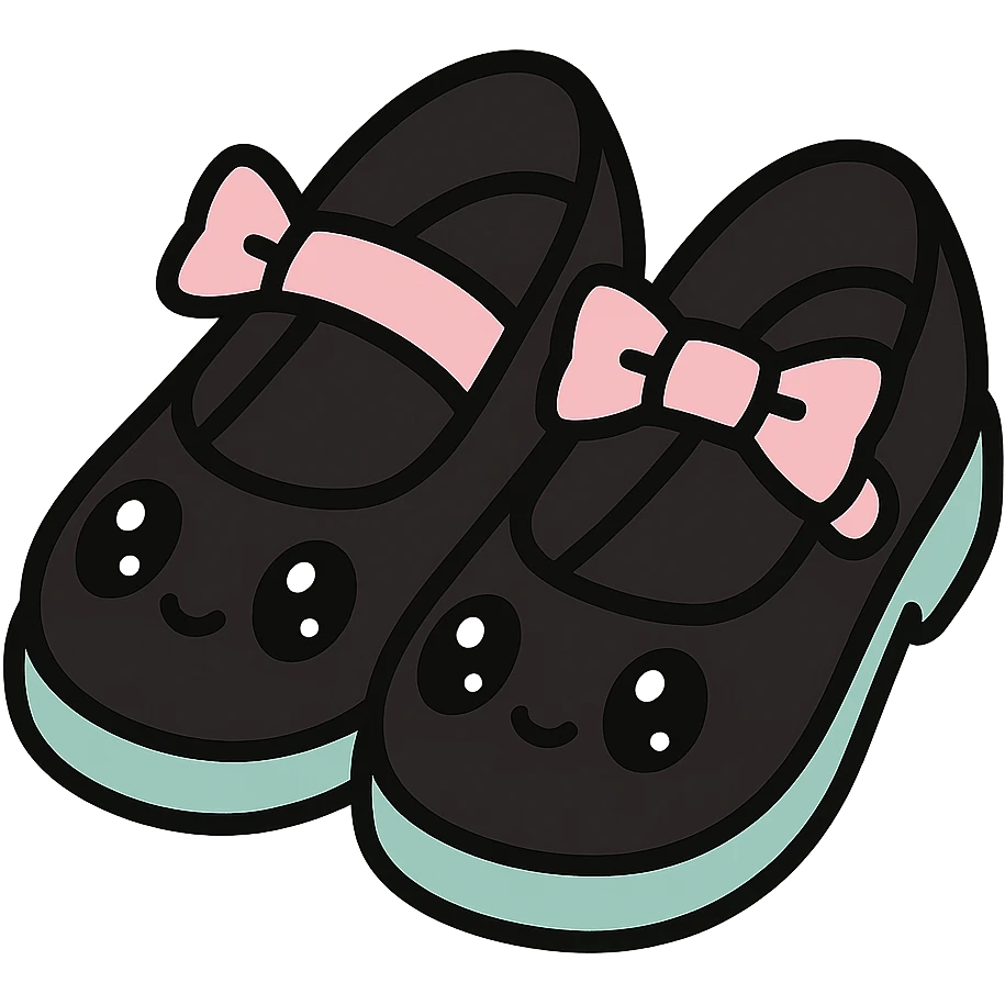 BLACKPINK-inspired gothic shoes, no hearts, black and pink, cute and stylish, kawaii style, pastel teal accents, mary jane shoes with bows emoji