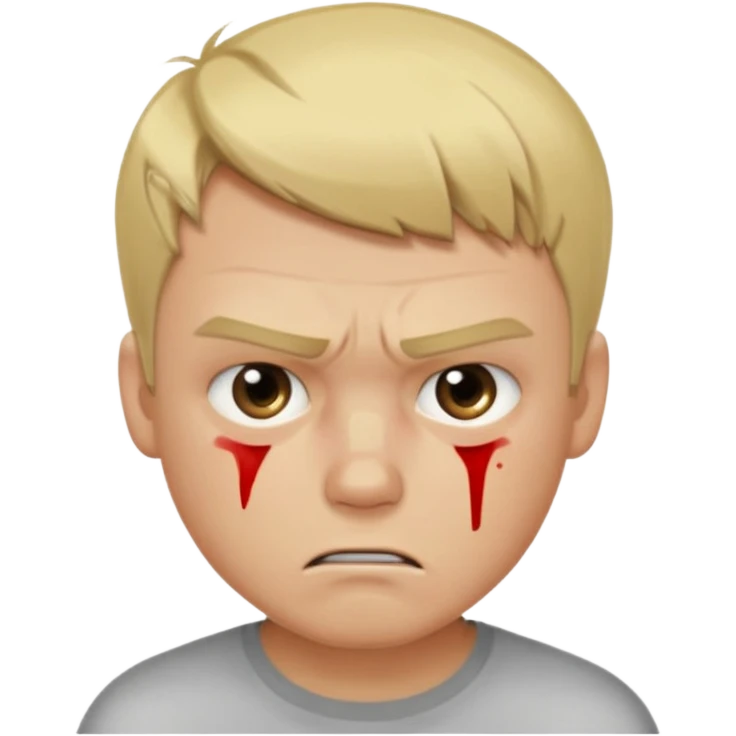 a blond guy with a short haircut, a tired and angry face, no shirt, with bruises under his eyes, and signs of beatings on his body, in the dark emoji