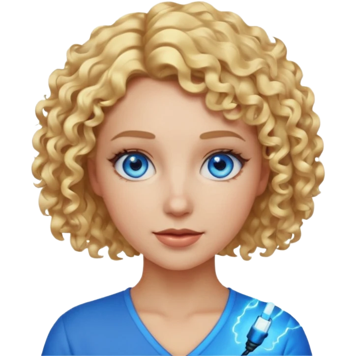 a woman with short curly blonde hair, blue eyes, blue electricity surrounding her, simplified and expressive, emoji style emoji