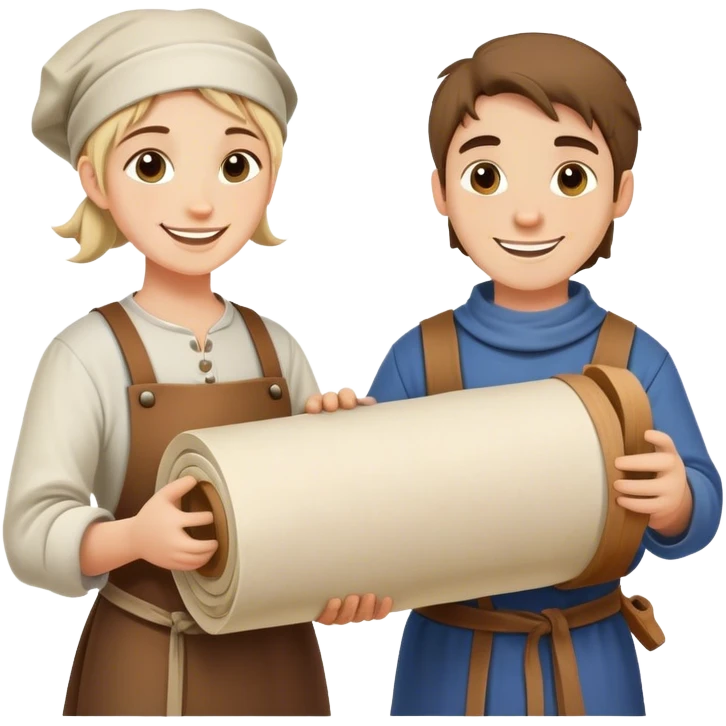 painter happy  apprentice with big rolled up plans, medieval age emoji