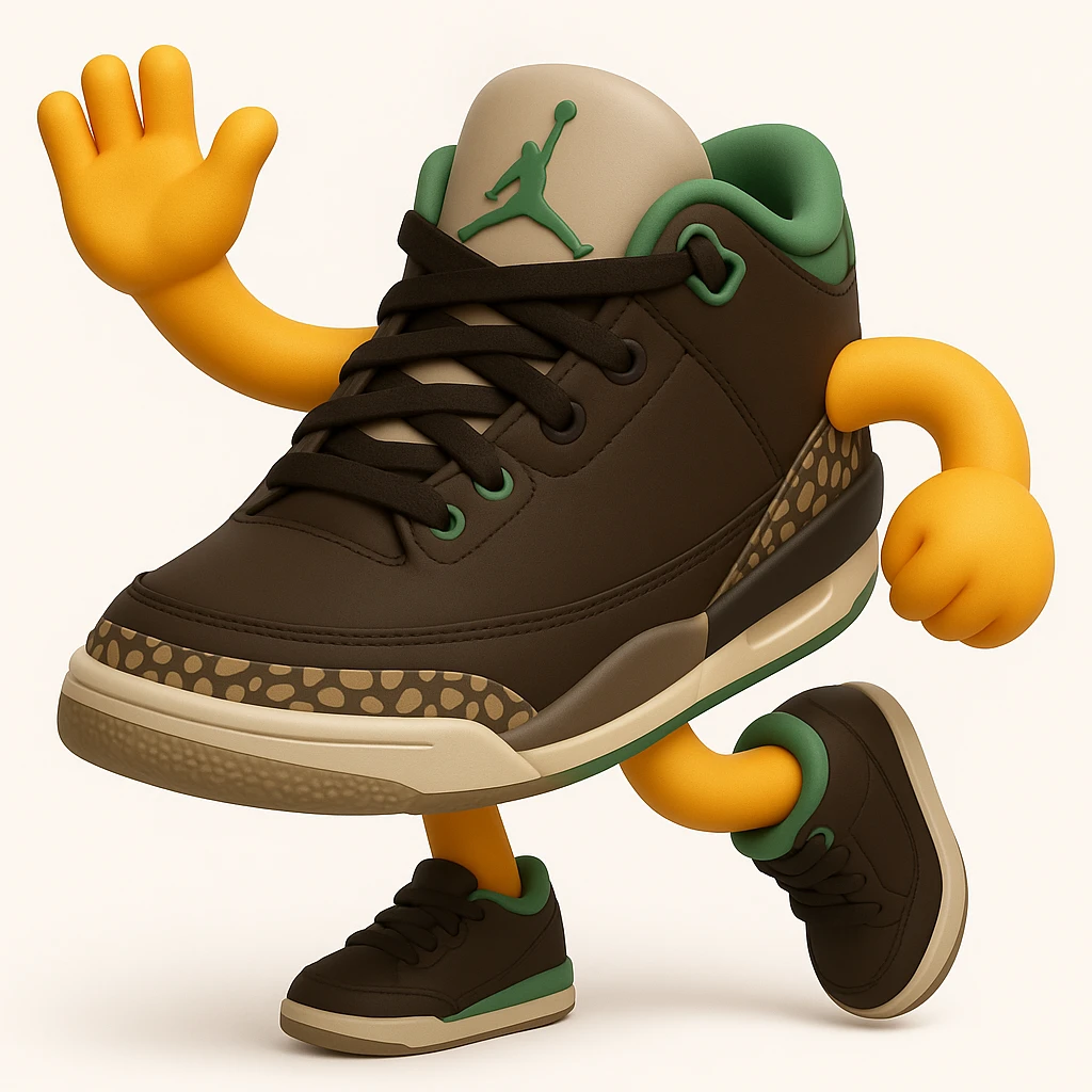 Create a sneaker character in a dancing pose with arms and legs, inspired by the reference image, in a 3D emoji style. The style should resemble Microsoft style 3D fluent emojis with a lively and rhythmic pose. emoji