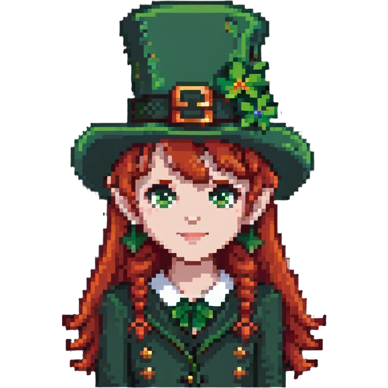 girl with red hair and brown eyes with a leprechaun emoji