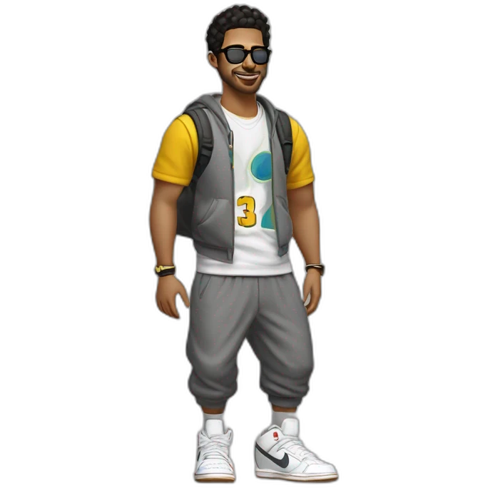 chico rubio  con lentes vestido con buzo y pantalone baggy y zapatillas nike dunk feliz cuerpo entero emoji