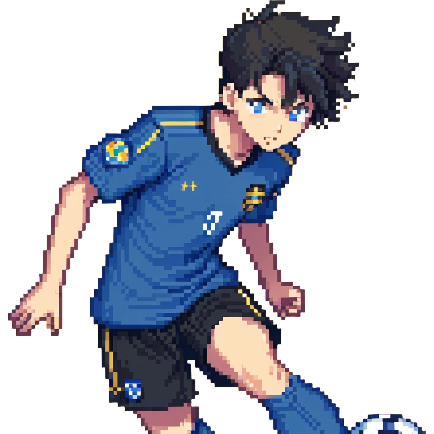 anime soccer player inspired by Blue Lock, dynamic pose, blue and black uniform emoji