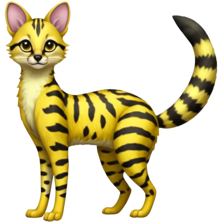 Lanky slender beautiful elegant spotted hype-realistic, black-maned, vibrant yellow Genet-Serval-Civet-fusion-hybrid-furry-fursona, full body, with a long puffy fluffy black-and-white-striped tail emoji