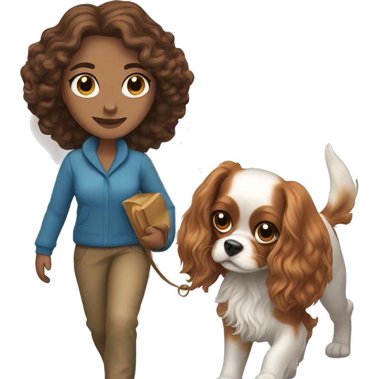 A white woman with blue eyes walks with a cavalier King Charles spaniel emoji