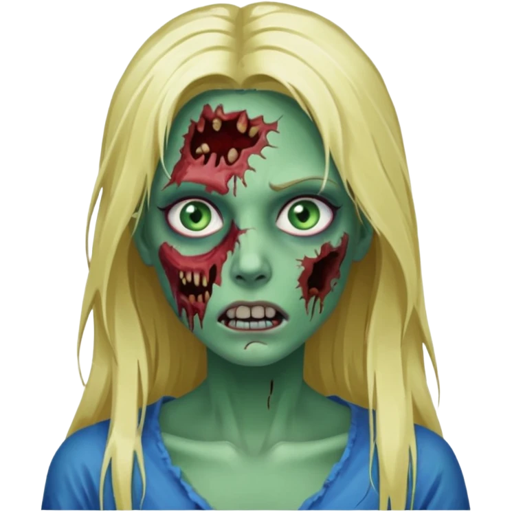 Faça um zumbi feminino, com cabelo loiro e olho azul, com algumas feridas abertas no rosto, cabelo longo, e pele verde, um rosto sem expressão emoji