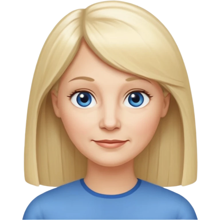 50 yr old white woman, hippe part bangs, very long straight blond hair, oval face, small smile, blue eyes, thin face, hair downback, hair parted at center of head, round cheeks, pale, longer hair emoji