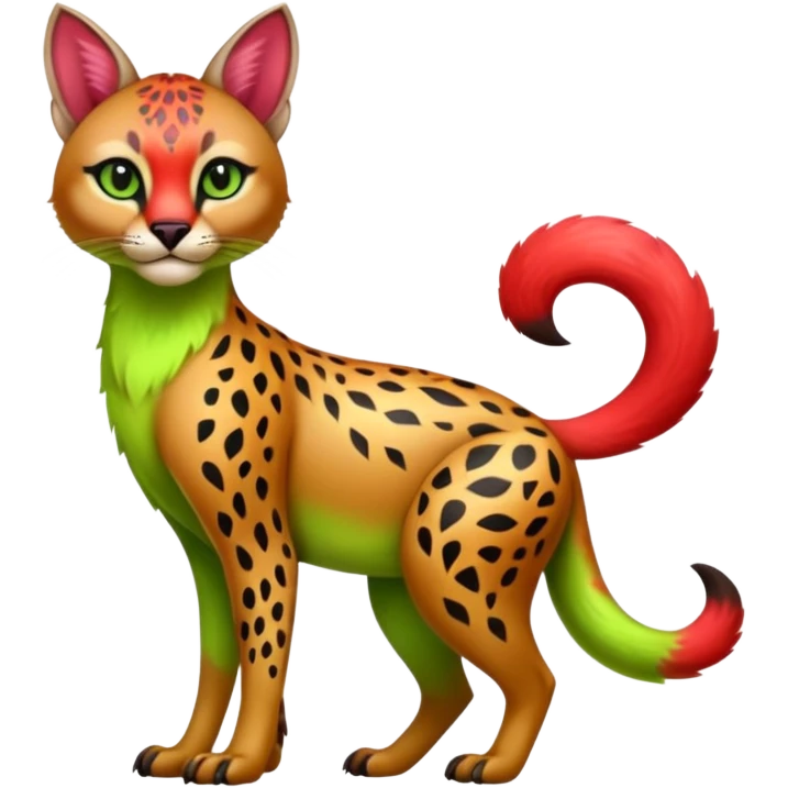 Colorful cute adorable shiny tropical exotic fruity kiwi-green lemony rosy neon-red Caracal-Cheetah-Civet-Trico-fusion-hybrid-animal-creature, full body, with tribal tattoos emoji