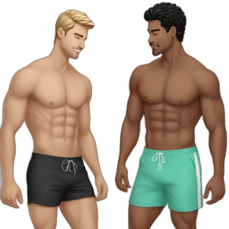 Sexy-fit-pose-Latino-male-and-caucasian-male-interracial-kiss-bikini emoji
