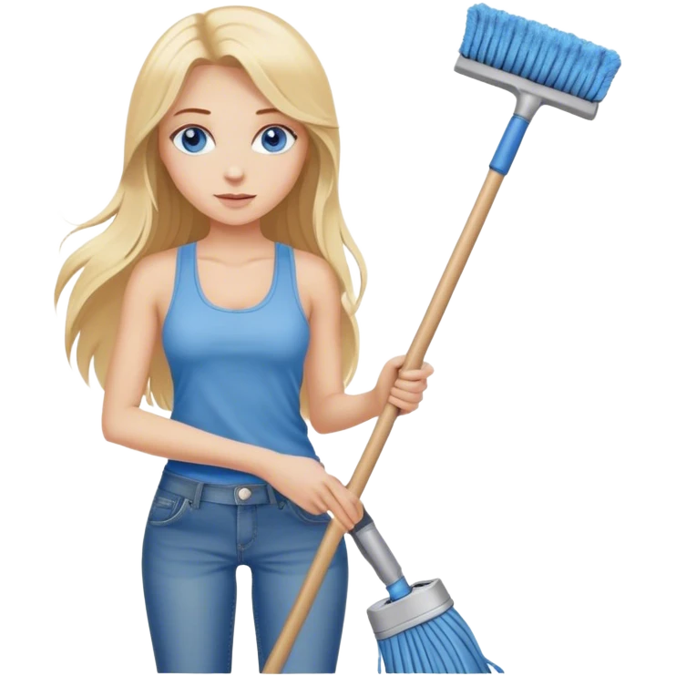 Cinematic realistic blonde with long hair and blue eyes, dressed in jeans and a tank top, holding a mop in her hands emoji