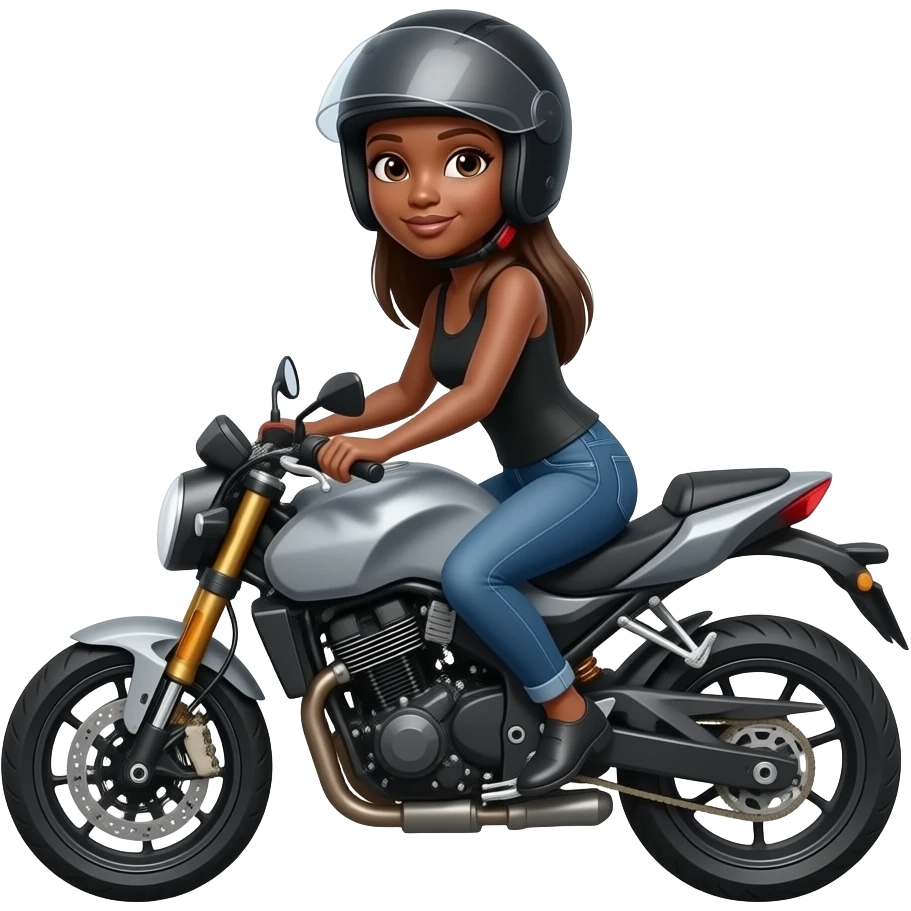 Mujer morena de cabello lacio en moto color gris con casco negro emoji