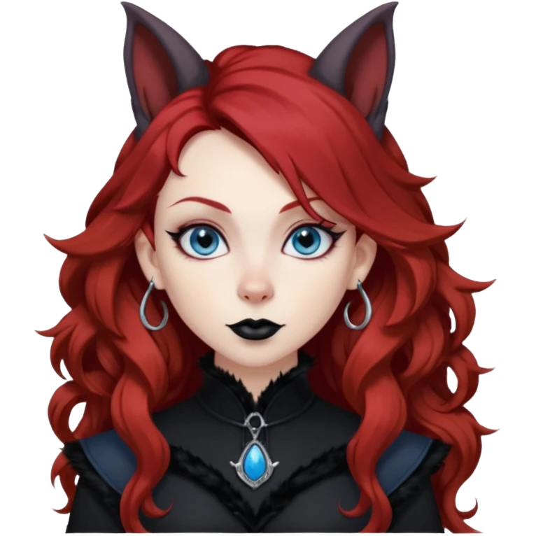  long curly red hair (darker), red pointed ears with black trim, black goth outfits, body and face human, blue eyes, more pointy chin, black lipstick, big fluffy red squirrel tail with black tips, like the attached photo with more outfits and poses,  emoji