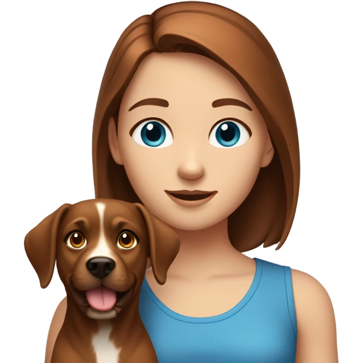 A brown hair girl with blue eyes and a ruby colored dog  emoji
