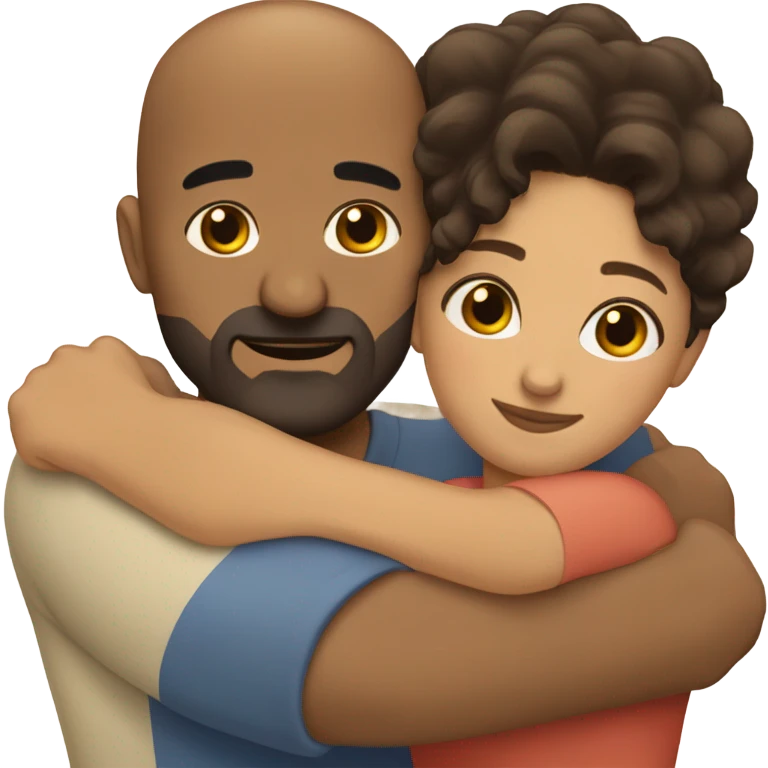 Comforting hug from brunette Puerto Rican with dark brown eyes to short, bald man with brown eyes and a beard emoji