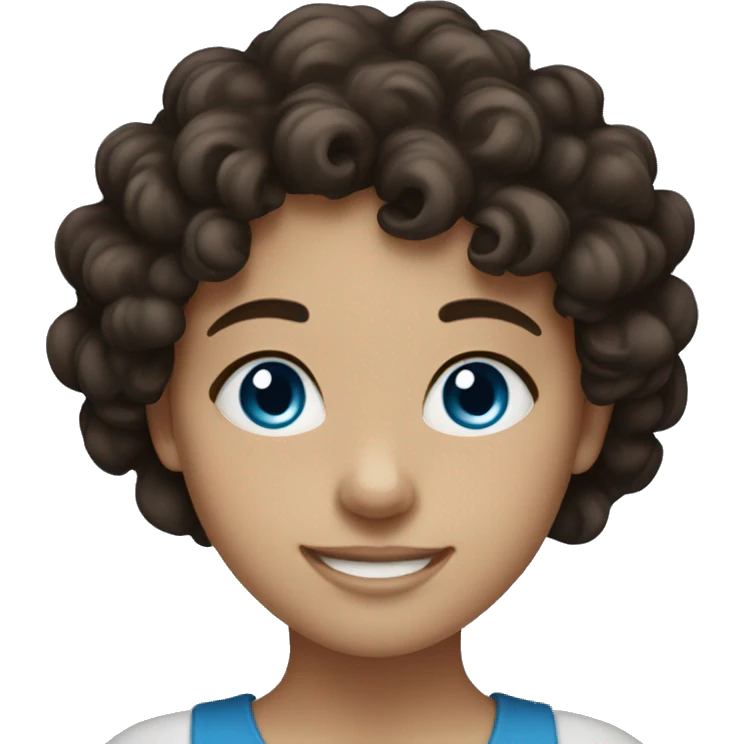 smiling girl with dark brown curly hair and blue eyes emoji