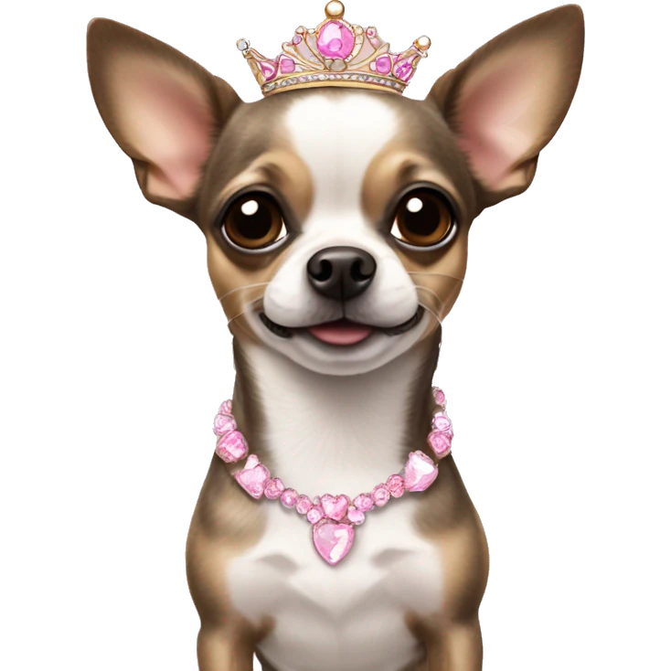 Brindle and white chihuahua wearing a pink tiara emoji