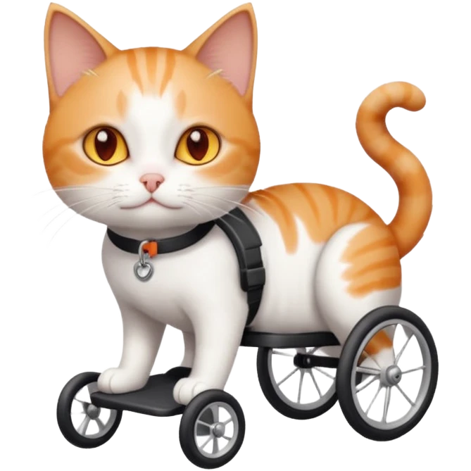 full body small short hair ginger and white cat with orange eyes walking in a wheelchair for cats emoji
