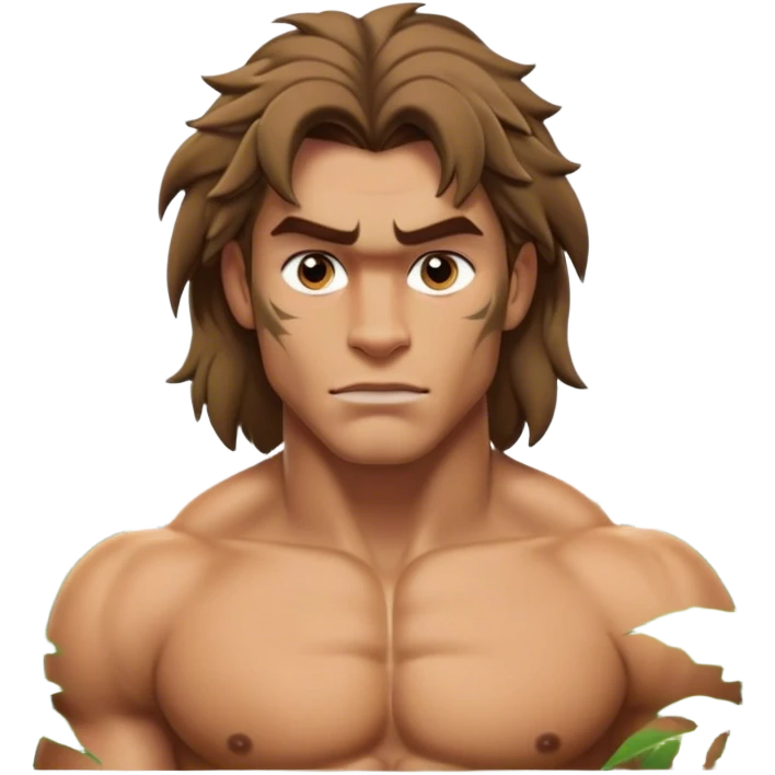 Cinematic Realistic Tarzan Portrait, depicted with lifelike, sun-kissed skin and a robust, muscular form that speaks of raw, untamed power. His piercing, soulful eyes and rugged yet gentle expression are framed by tousled hair, while a backdrop of lush jungle foliage and soft, natural lighting accentuate his primal grace and approachable strength. emoji