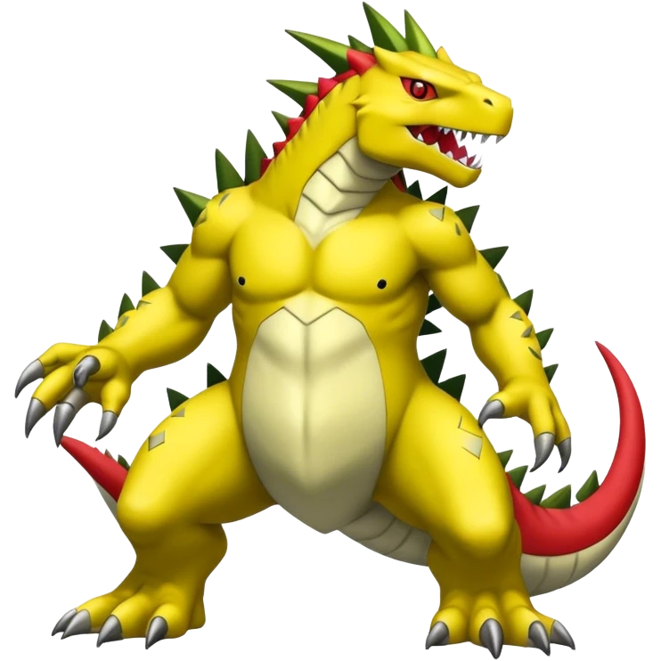 Cool edgy shiny Guilmon-Tyranitar-Drudigon-Digimon-hybrid-fusion, yellow belly, full body emoji