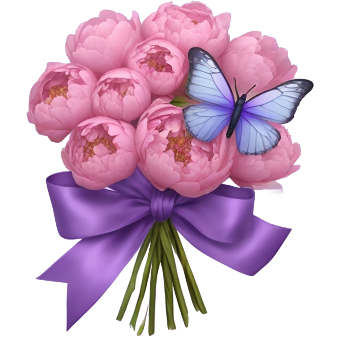 A purple silk ribbon tied around a bouquet of dried pink peonies , with a delicate pastel violet butterfly perched gently on the bow. emoji