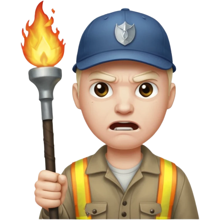 Angry man with a torch and a pitchfork and a cap that says "no blathy" emoji