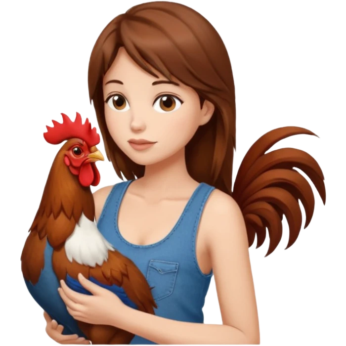 Kneeling down Brown hair enormous boobs Woman tank top, wearing jeans touching kissing rooster emoji