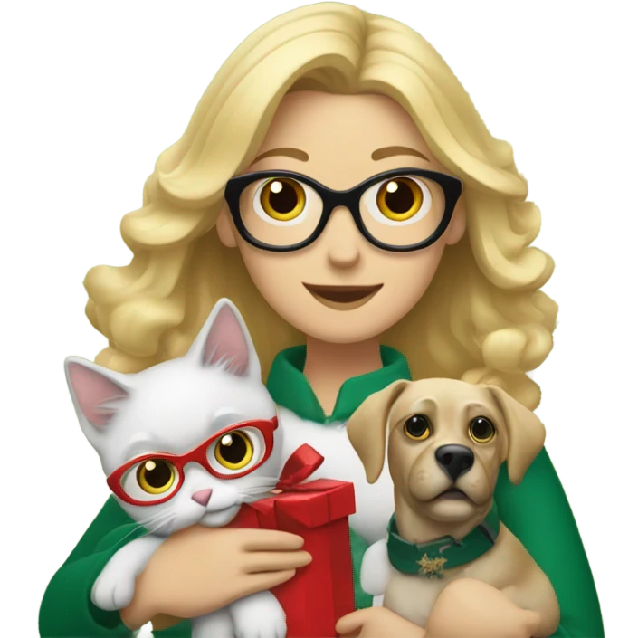 Blonde woman with glasses, holding a cat and a dog in front of the Christmas tree emoji