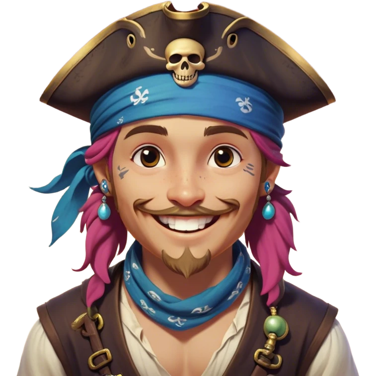 Clash of Clans aesthetic Playful Pirate Portrait Emoji, Head tilted with a roguish, cheeky grin and twinkling eyes, featuring a compact, spirited build with a jaunty hat and a quirky bandana, his natural skin tone evident, Simplified yet irresistibly charming features, highly detailed, glowing with a warm, inviting oceanic glow, high shine, spirited and lively, stylized with an air of whimsical maritime mischief, soft glowing outline, capturing the essence of a playful pirate exuding friendly rogue charm! emoji