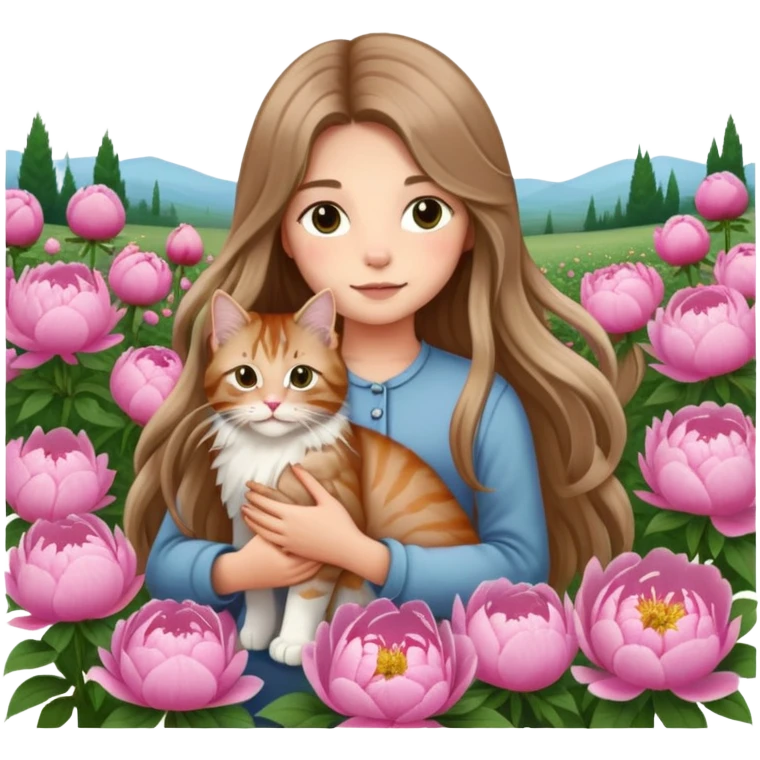 A long haired girl holding a long haired tabby in peony emoji