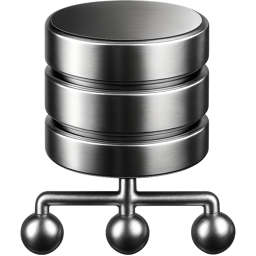 chrome database cylinder with network nodes, representing efficient and scalable database solutions, sleek, modern emoji