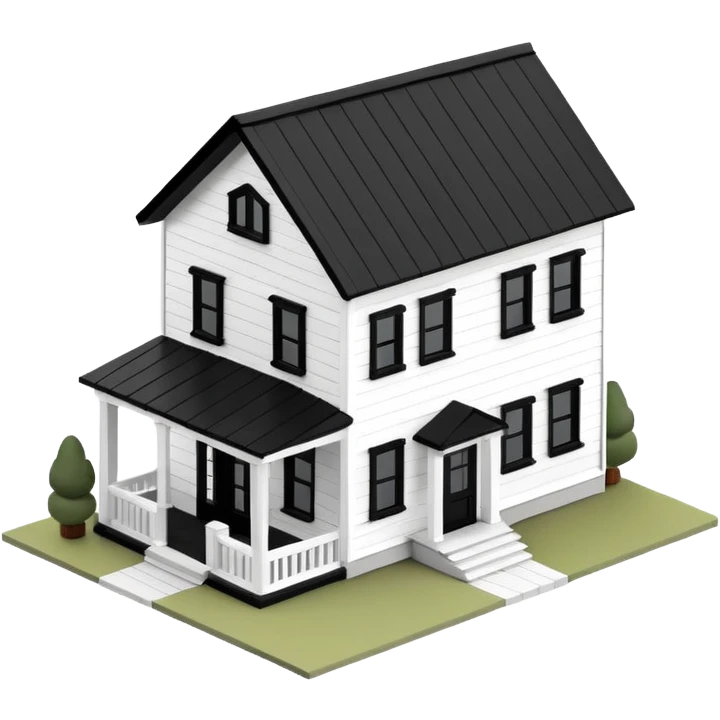 modern farmhouse dollhouse, white with black trim and wooden accents, 3d isometric  emoji