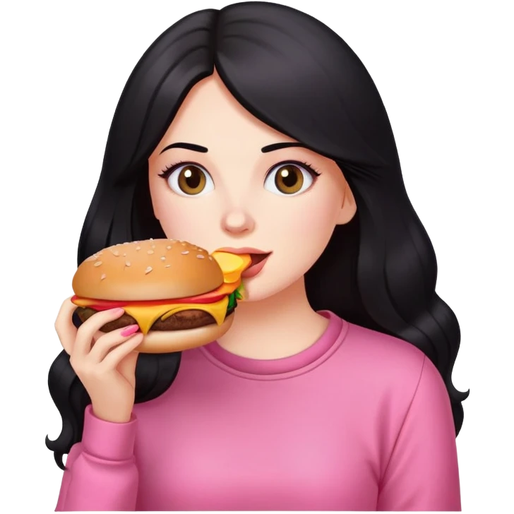 White girl in pink clothes and long black hair eating burger and pizza emoji