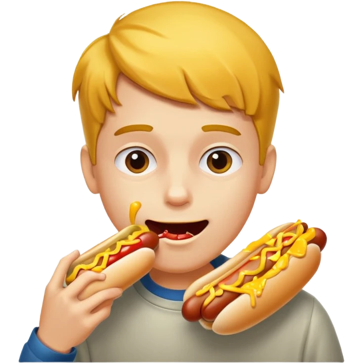 A boy taking a huge bite of a hot dog loaded with mustard and relish.





















 emoji