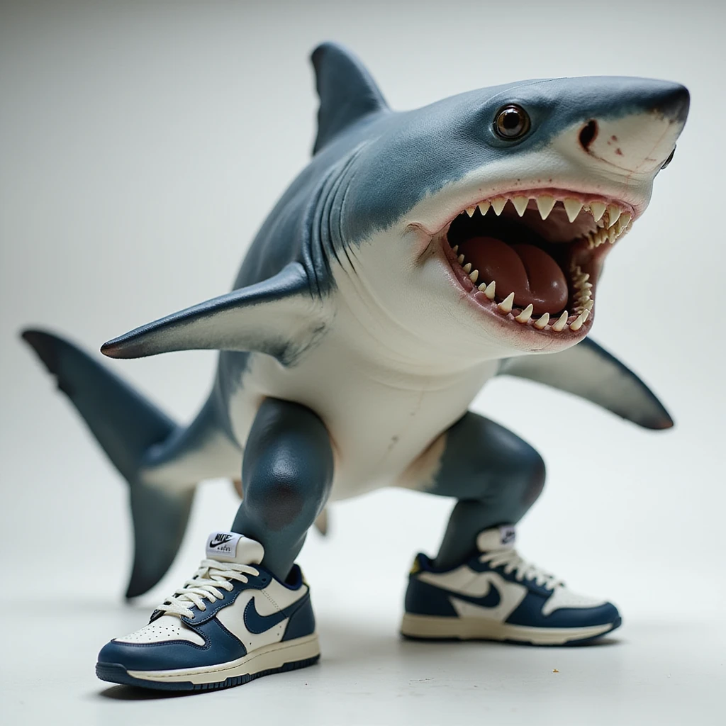a realistic shark wearing Nike-style sneakers, natural shark appearance, dynamic pose emoji