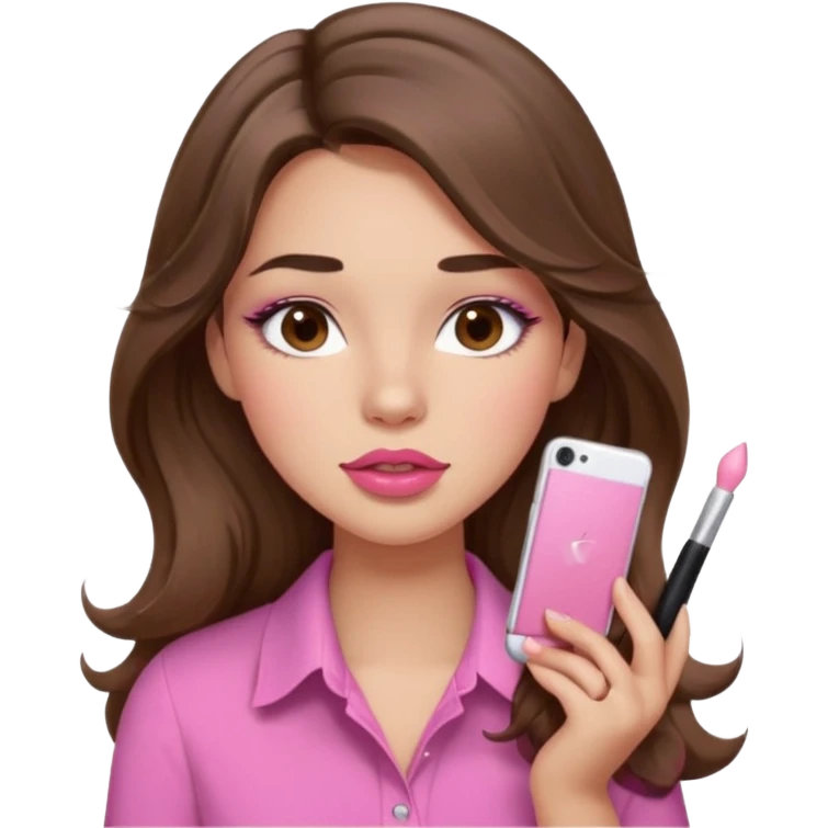 girl with long wavy brown hair, brown eyes, light to medium complexion, in a pink shirt, pink lips, long lashes, puckered lips, putting on blush emoji