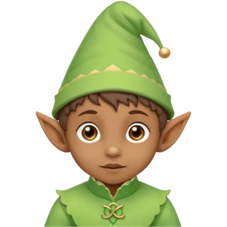 Tiny elf baby brown skin with pointy ears and hat, pastel green outfit,  emoji
