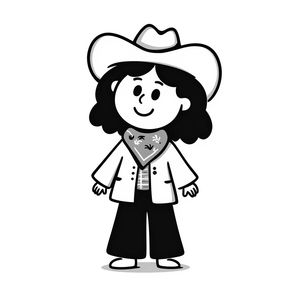 A hand-drawn plush cowgirl toy with a bandana, hat and a cute smile emoji