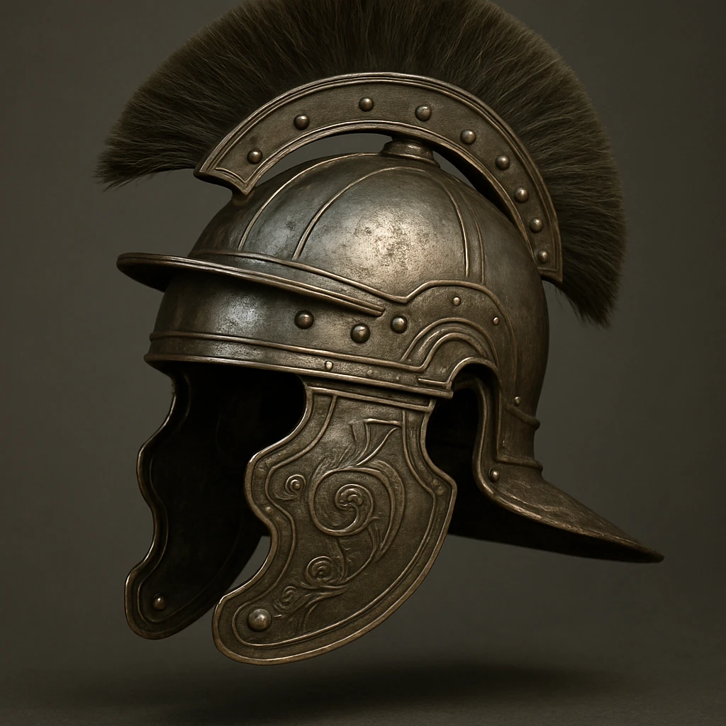 Roman Centurion's helmet, detailed, metallic, side view, realistic and intricate emoji