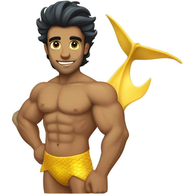 Tan muscular merman with yellow mermaid tail, dark hair and stubble  emoji