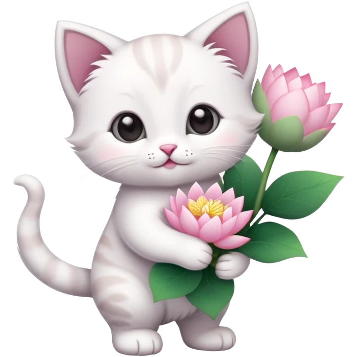 Kitten standing with folded hands holding a bouquet of lotus flowers emoji