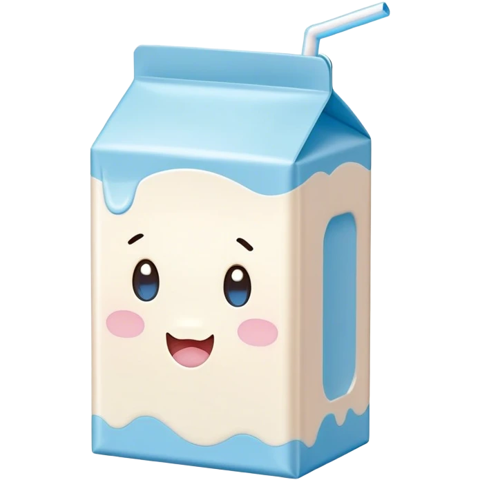 Cute Kawaii Milk Carton, small and boxy, bright pastel blue and white, blushing cheeks, a tiny straw poking out, soft glowing highlights, adorable farm-fresh cuteness! emoji