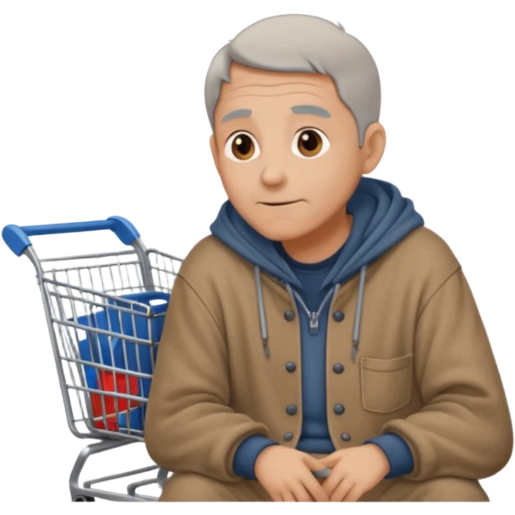 A man in oversized old clothes sat next to a shopping cart half body, looking around with gentle, hopeful eyes. emoji