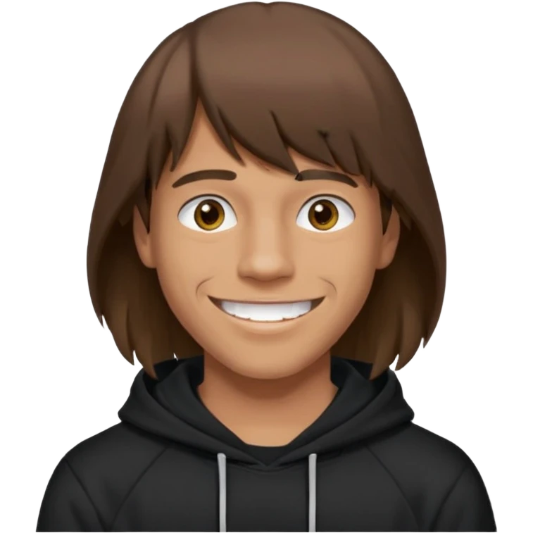 20 yr old man, brown hair, straight, big smile, white teeth, tanned skin, bangs, black hooded sweatshirt, long hair in back, middle parted bangs emoji