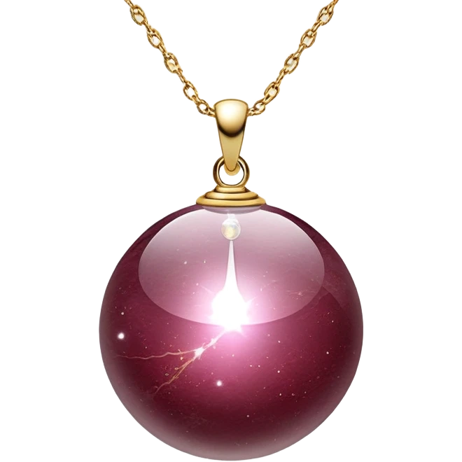 A polished round ball wine granite pendant suspended from a delicate gold chain, like a drop of enchanted starlight, glowing with the warmth of passion and the quiet power of transformation ethereal floating magical moving around... rebirth  emoji