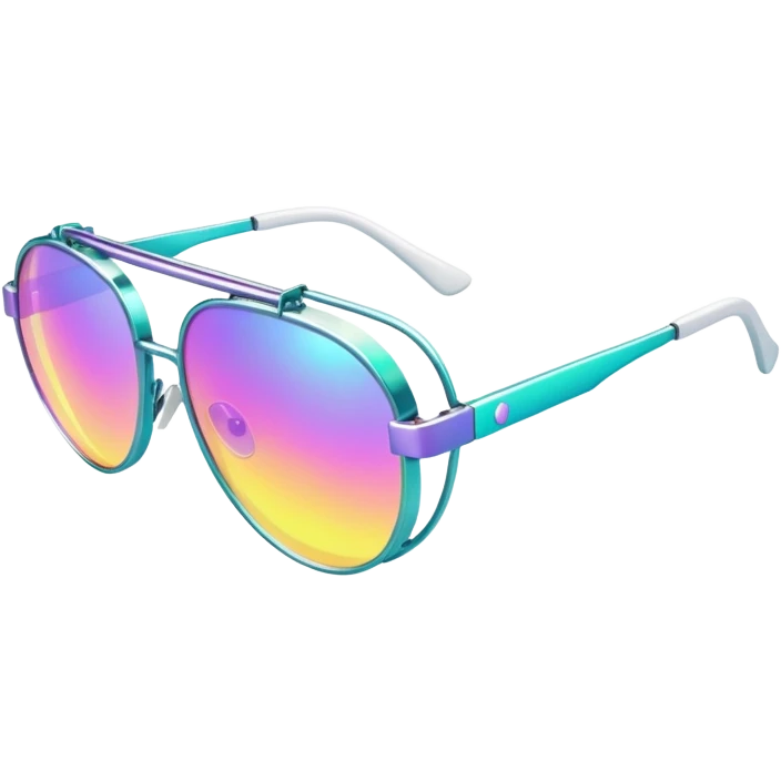 Colorful Y2K glasses with metallic frame, iridescent lenses, futuristic 2000s style sunglasses with digital vibes emoji