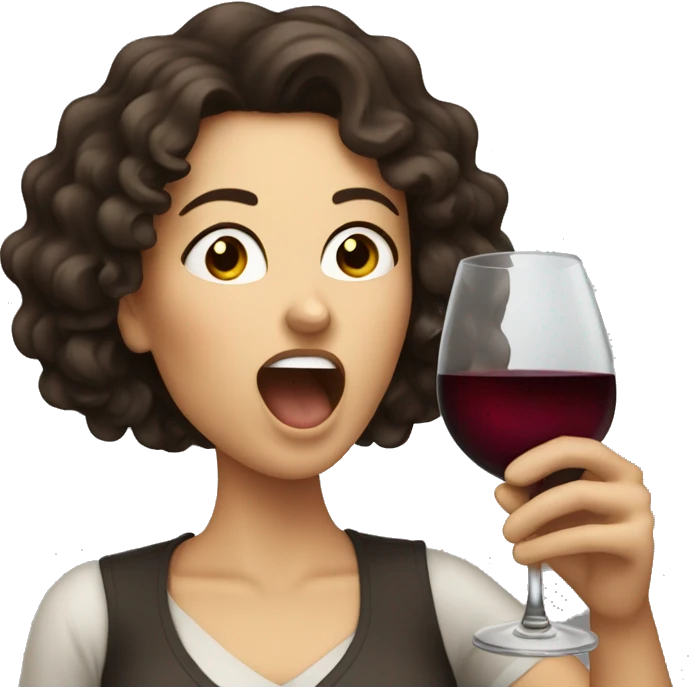 White Woman with curly dark brown hair drinking wine shouting emoji