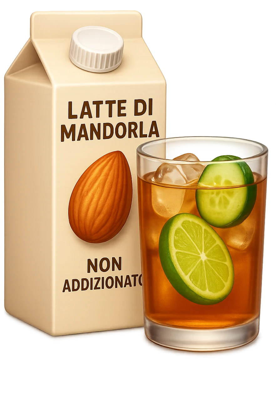 emoji stile iphone di un pacco di latte di mandorla non addizionato accanto ad un bicchiere di vetro di tè freddo con fettine di cetriolo e lime
IPERREALISTICO 4K emoji