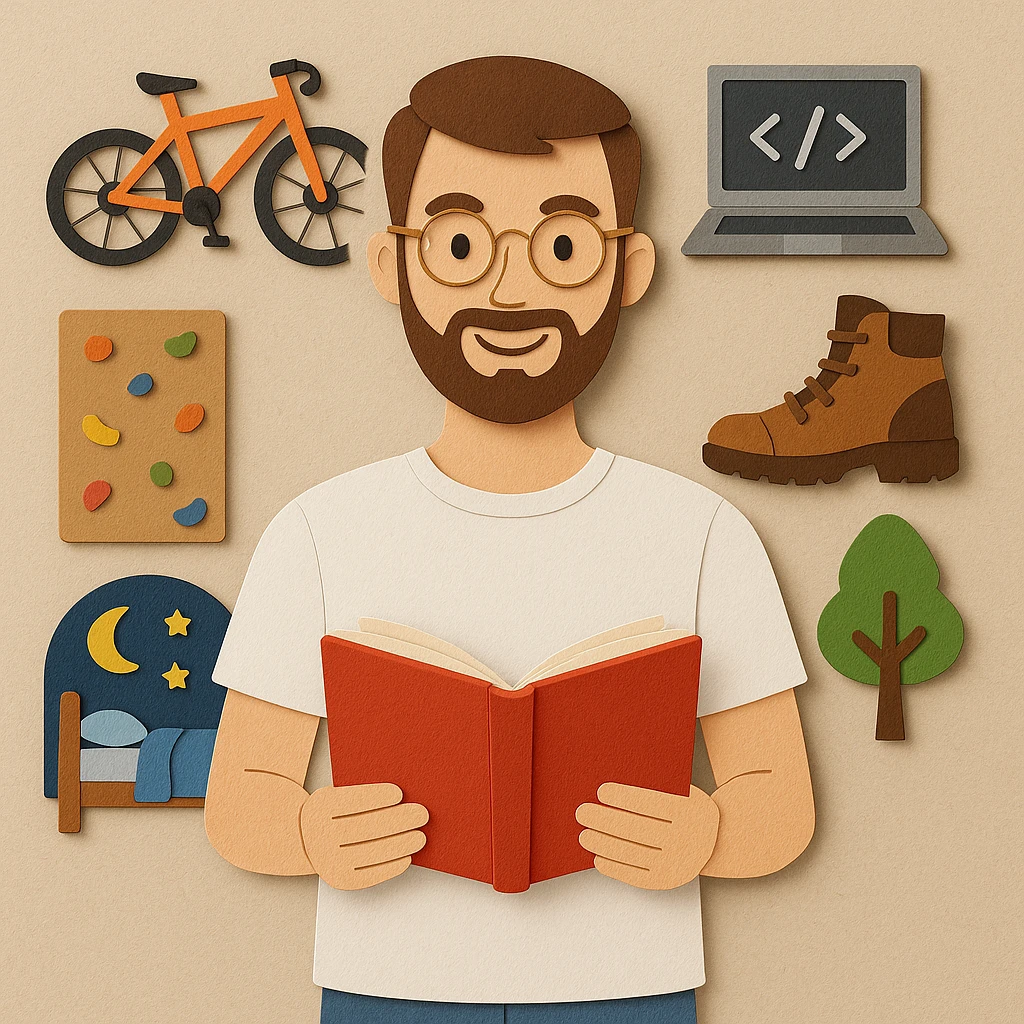 paper-craft style young man with light skin, short brown hair, neatly trimmed beard, round gold-rimmed glasses, smiling, plain white t-shirt, holding open red book at chest level, surrounded by hobby icons: orange mountain bike, gray laptop with code, brown hiking boot, climbing wall, bed with blue blanket and moon-and-stars, green tree emoji
