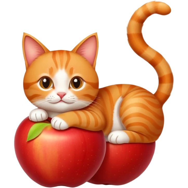 A small cat is lying on a big apple emoji